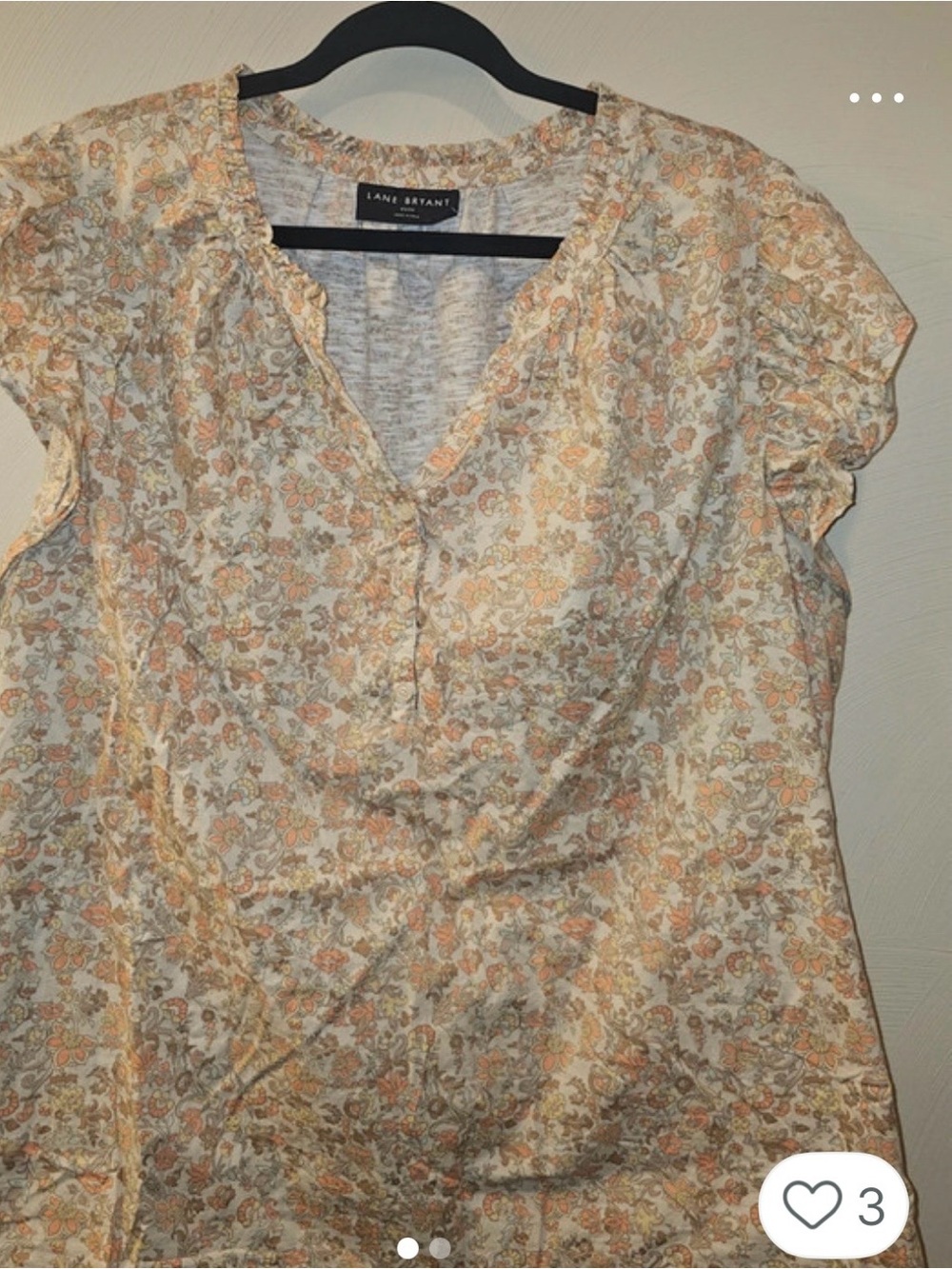 Lane Bryant Cream Floral Short Sleeve V-Neck Blouse with Peach Accents